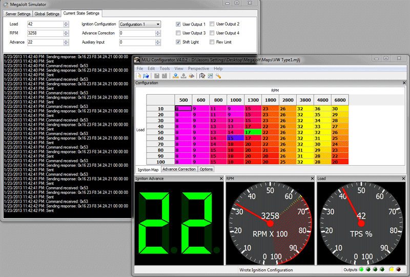 Screen shot of the Simulator with the Configurator connected to it.