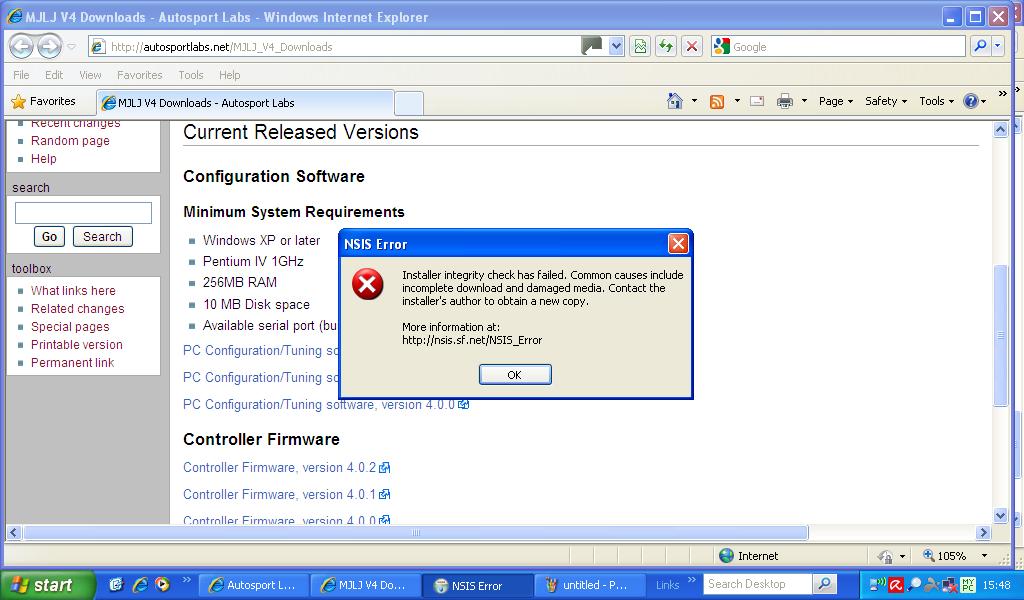 screenshot of error message