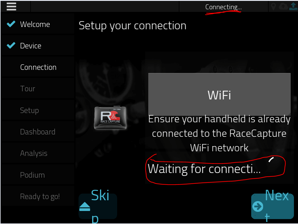 RaceCapture Wizard Wi-Fi Connecting